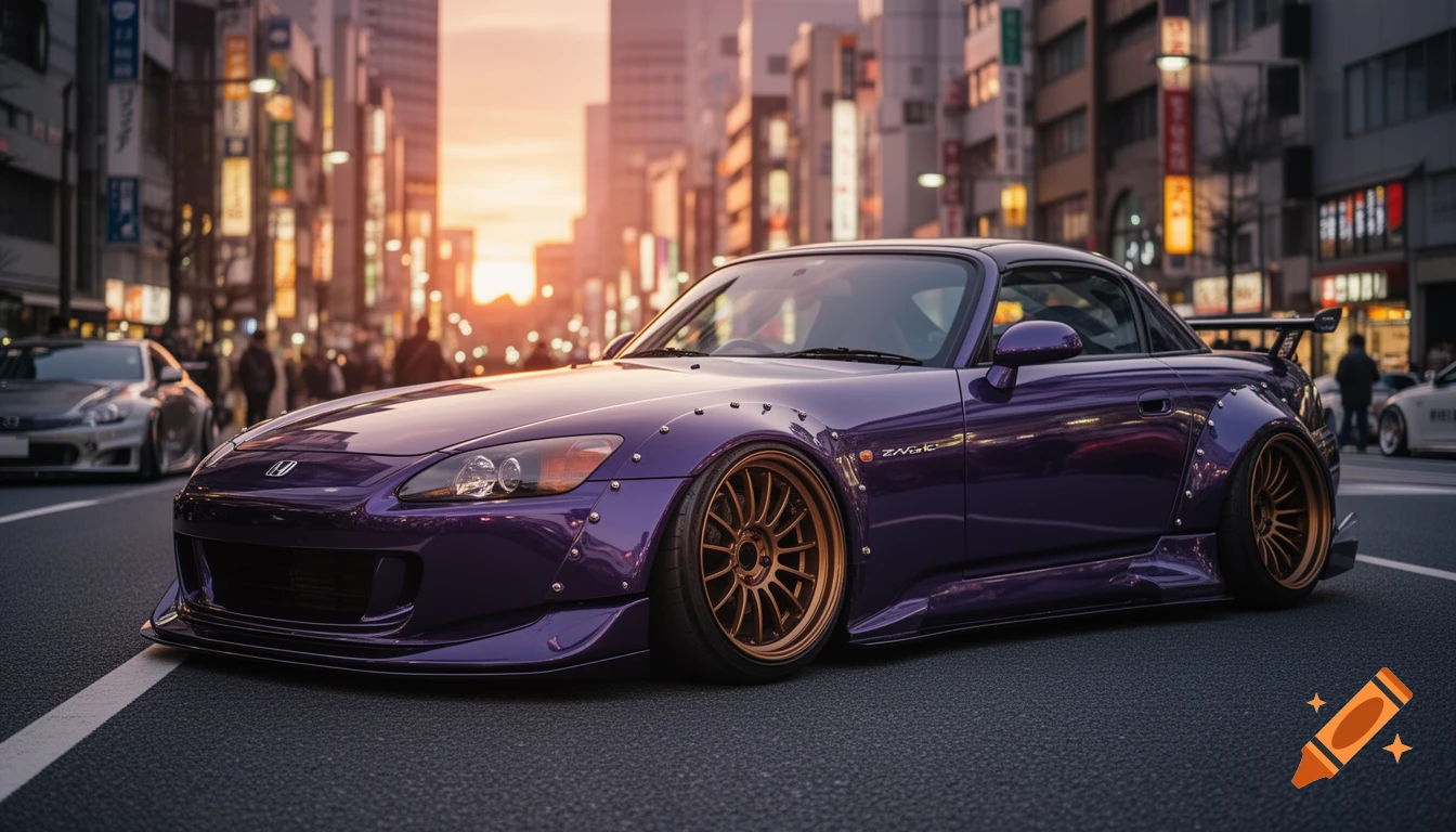 A custom purple Honda S2000 with widebody kit and bronze wheels parked on an urban Japanese street at sunset, photorealistic style.