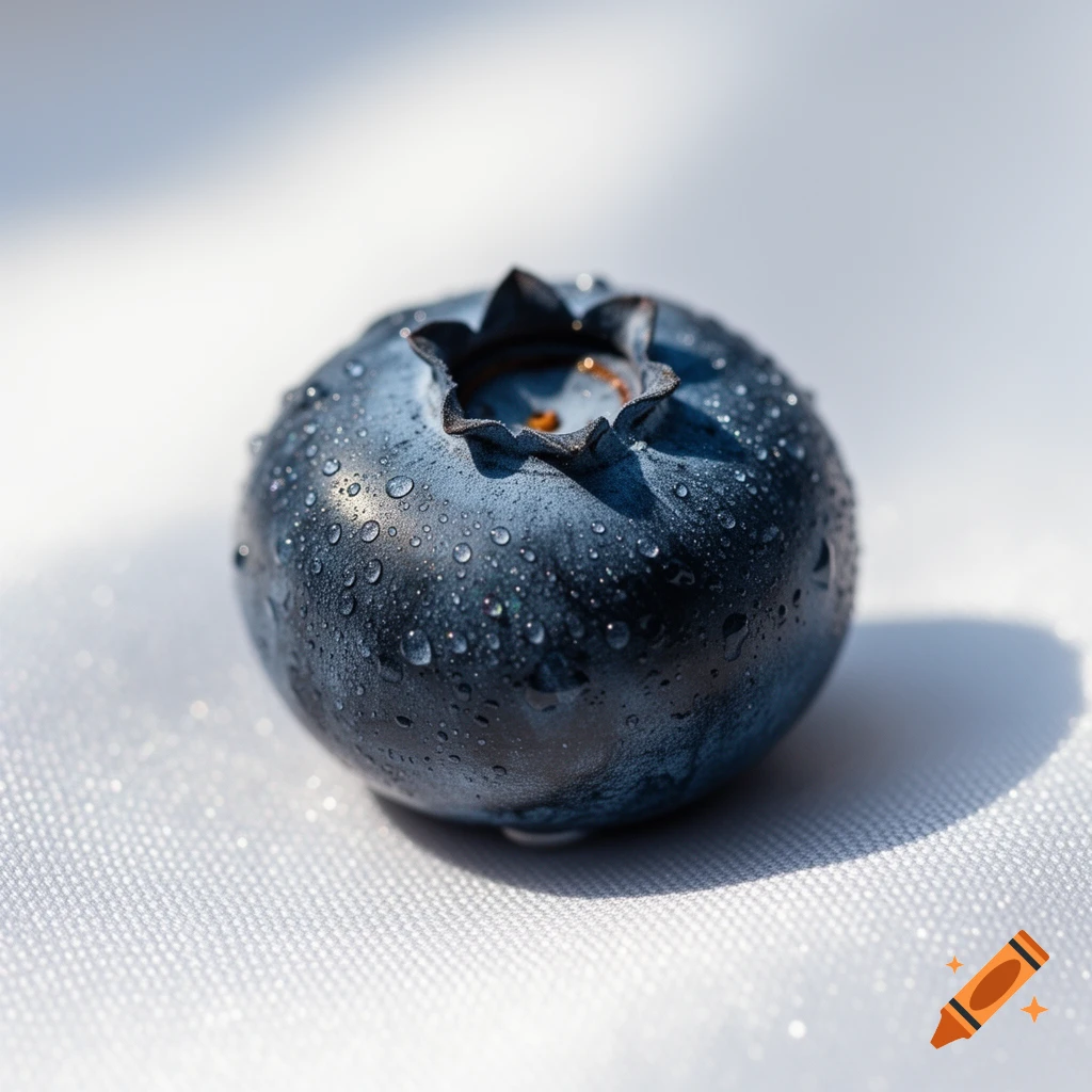 A single dark blue blueberry covered in tiny water droplets, resting on a white textured surface with soft lighting.