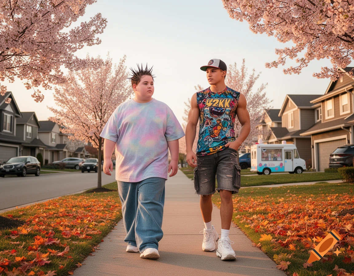 A heavier-set teen with spiked hair and a muscular teen in Y2K clothing walk on a suburban sidewalk with fall leaves and cherry blossoms.