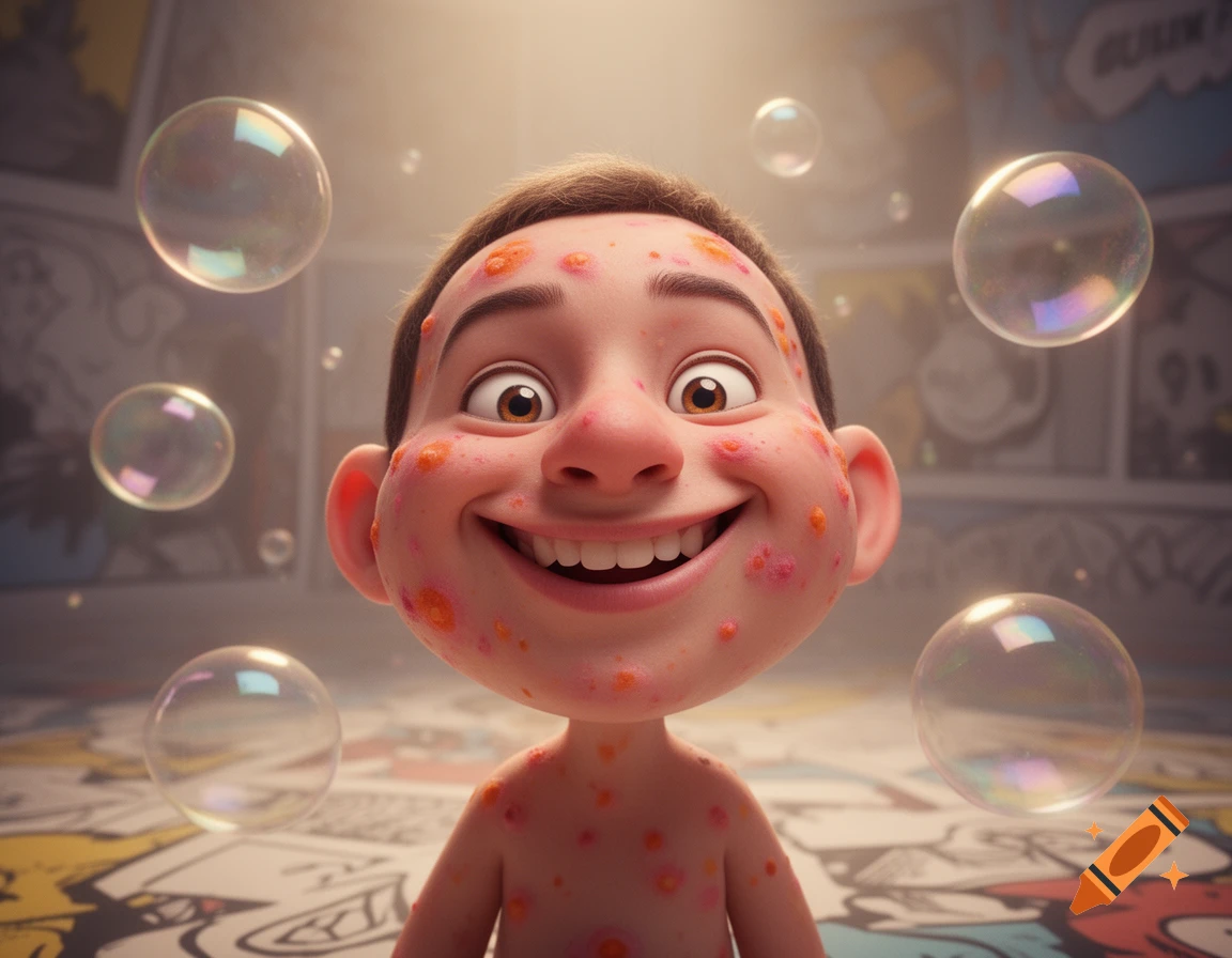 A cartoon boy with many spots on his face and chest smiles widely amidst floating bubbles in a brightly lit room with comic art decor.