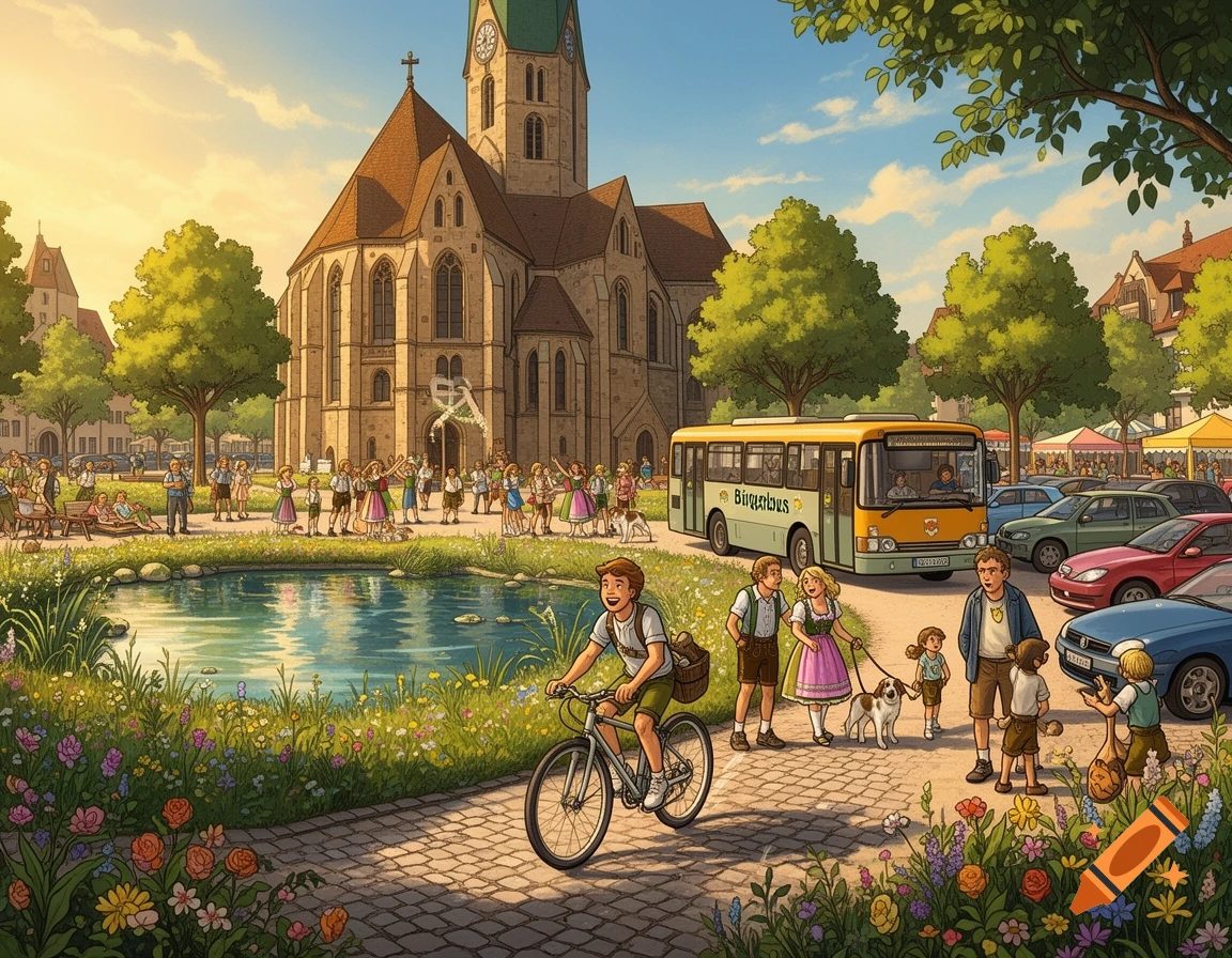 Detailed cartoon illustration of a bustling town square with a large church, a pond, people, a bus, and a cyclist.