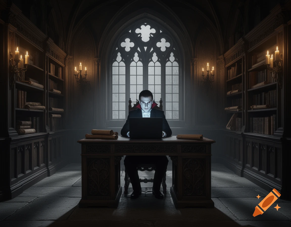A photorealistic vampire with glowing eyes in a suit works on a laptop at a gothic desk in a dim, candlelit library.