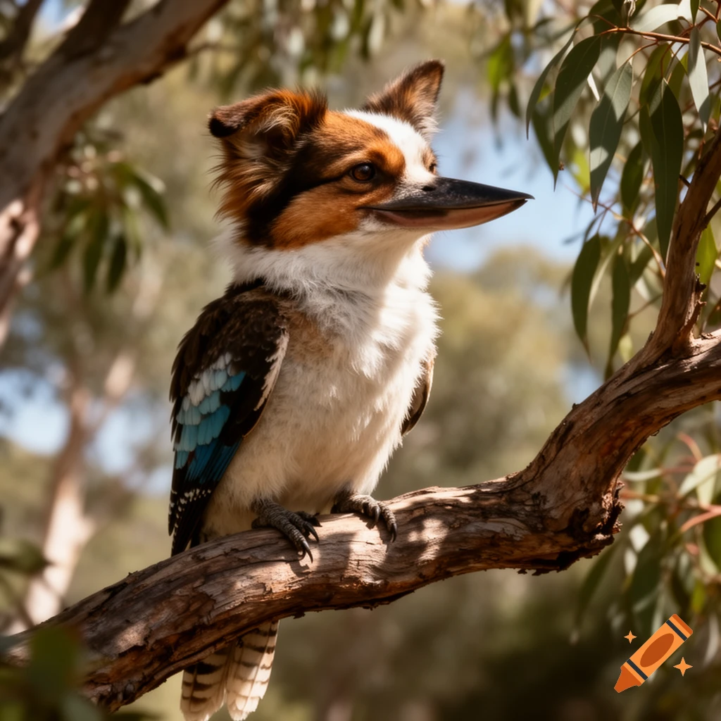 A photorealistic kookaburra with border collie features, including a furry muzzle and ears, perches on a tree branch.