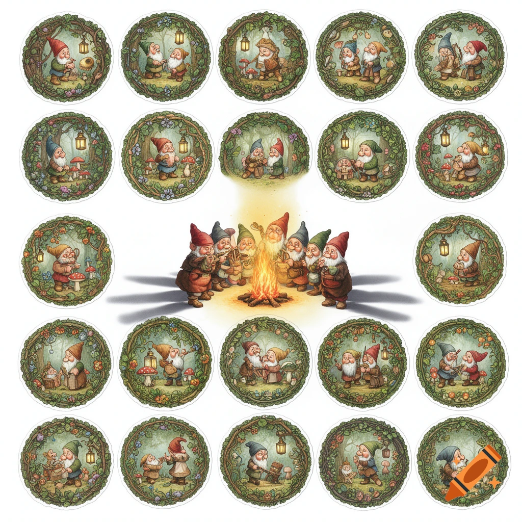 Illustration of numerous round labels depicting nostalgic gnomes in a forest, with a central scene of gnomes around a campfire.