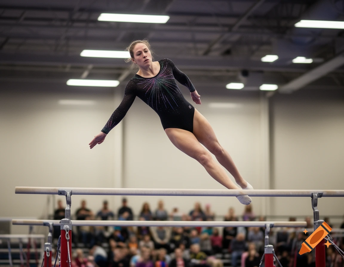 A female gymnast in a black, sparkling leotard performs a routine on the uneven bars in a competition arena, photorealistic.