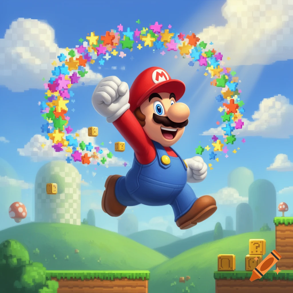 Mario jumps joyfully under a bright sky, surrounded by a rainbow trail of pixelated stars and classic video game blocks.