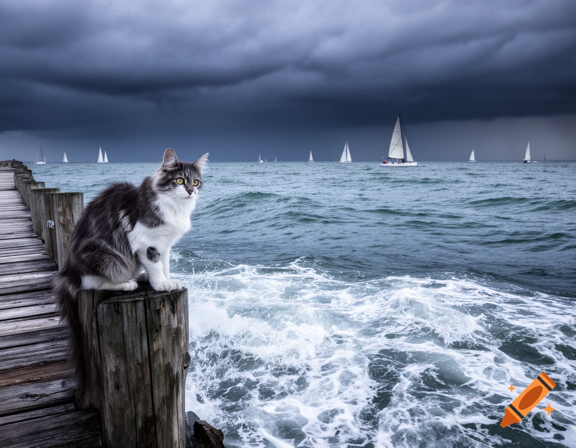 A fluffy grey and white cat sits on a wooden pier post, looking out at a stormy sea with sailboats under dark clouds.