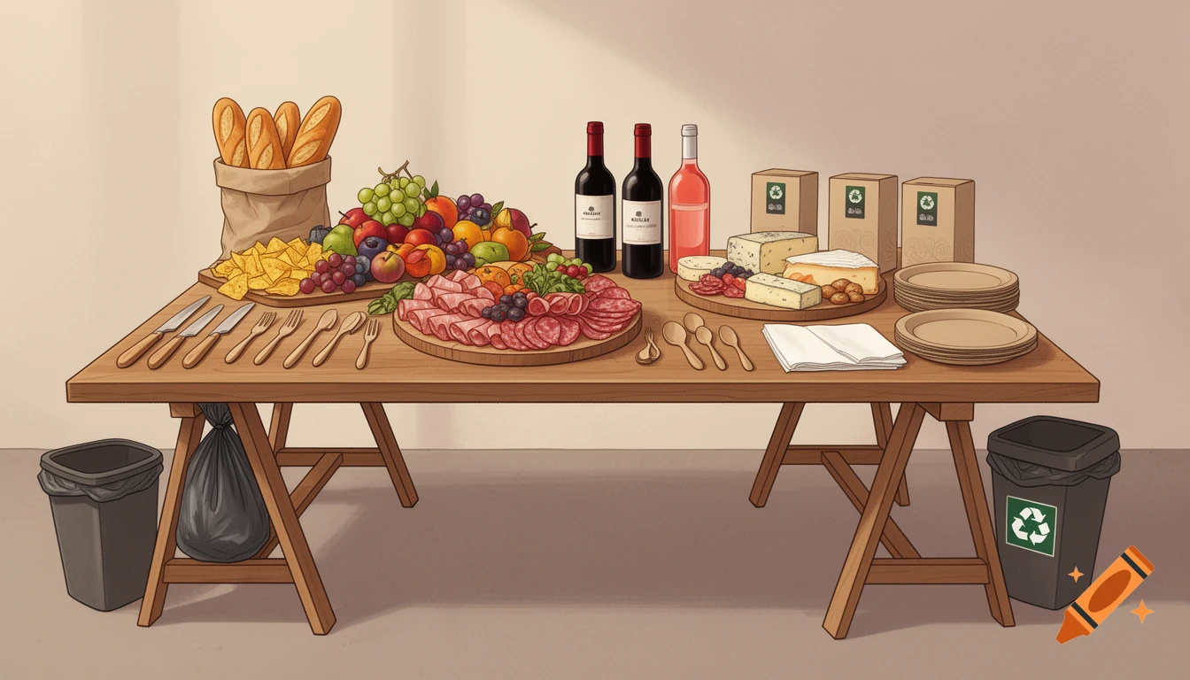 An illustration of a catering table laden with baguettes, chips, fruit, charcuterie, cheese, wine bottles, and paper plates and cutlery, with trash and recycling bins nearby.