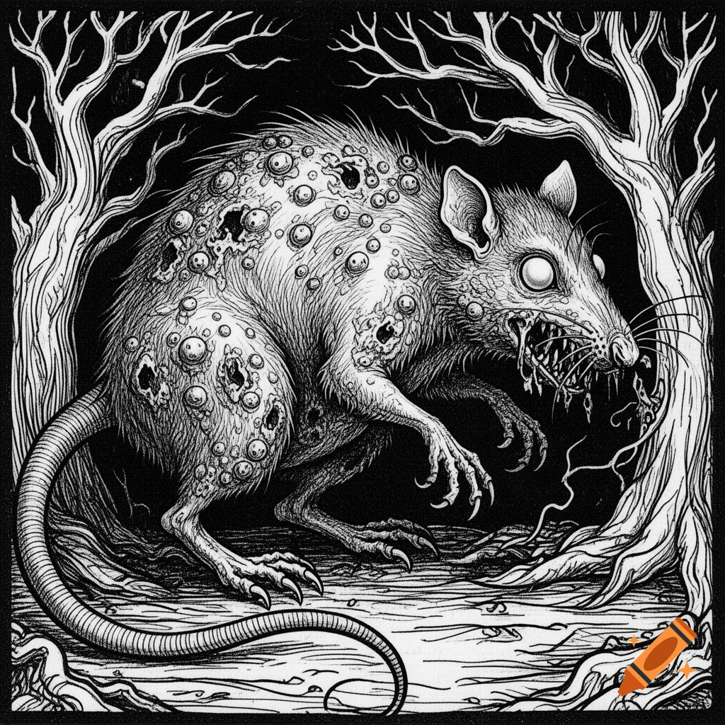 Black and white woodcut style illustration of a grotesque, diseased rat with boils and a dripping mouth, framed by gnarled trees.