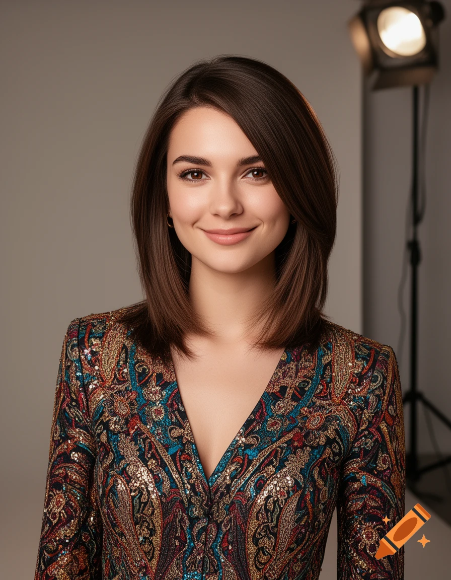 A smiling woman with dark hair and a colorful patterned dress poses in a studio with a spotlight.