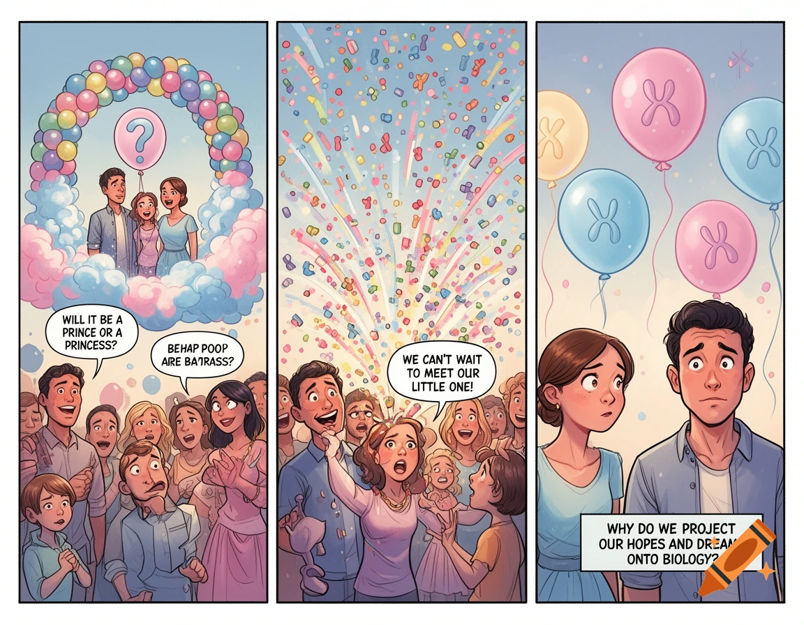 A three-panel comic strip about a gender reveal party. The first panel shows a couple under a balloon arch with a crowd, asking 'Will it be a prince or a princess?'. The second panel shows confetti exploding as parents exclaim, 'We can't wait to meet our little one!'. The third panel shows the couple looking thoughtful as balloons float by, with the text 'Why do we project our hopes and dreams onto biology?'
