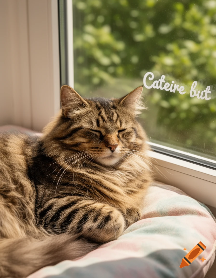 A fluffy tabby cat naps peacefully on a colorful pillow by a sunny window with green foliage outside.