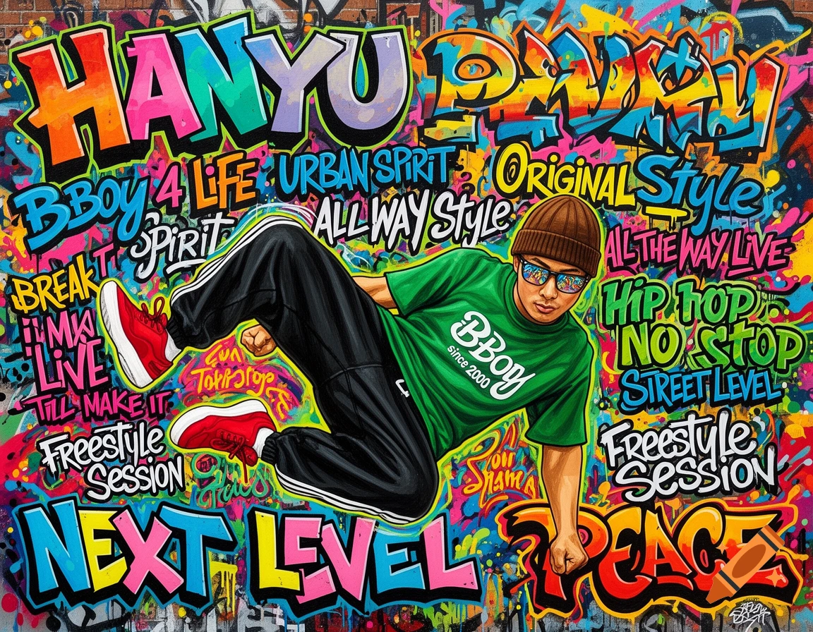 A colorful graffiti-style painting of a breakdancer in a green shirt and brown beanie, mid-powermove, surrounded by vibrant street art text like 'HANYU', 'NEXT LEVEL', and 'Bboy 4 Life'.