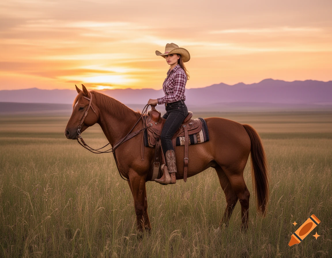 A cowgirl in a plaid shirt and cowboy hat sits on a brown horse in a grassy field at sunset with mountains in the background.