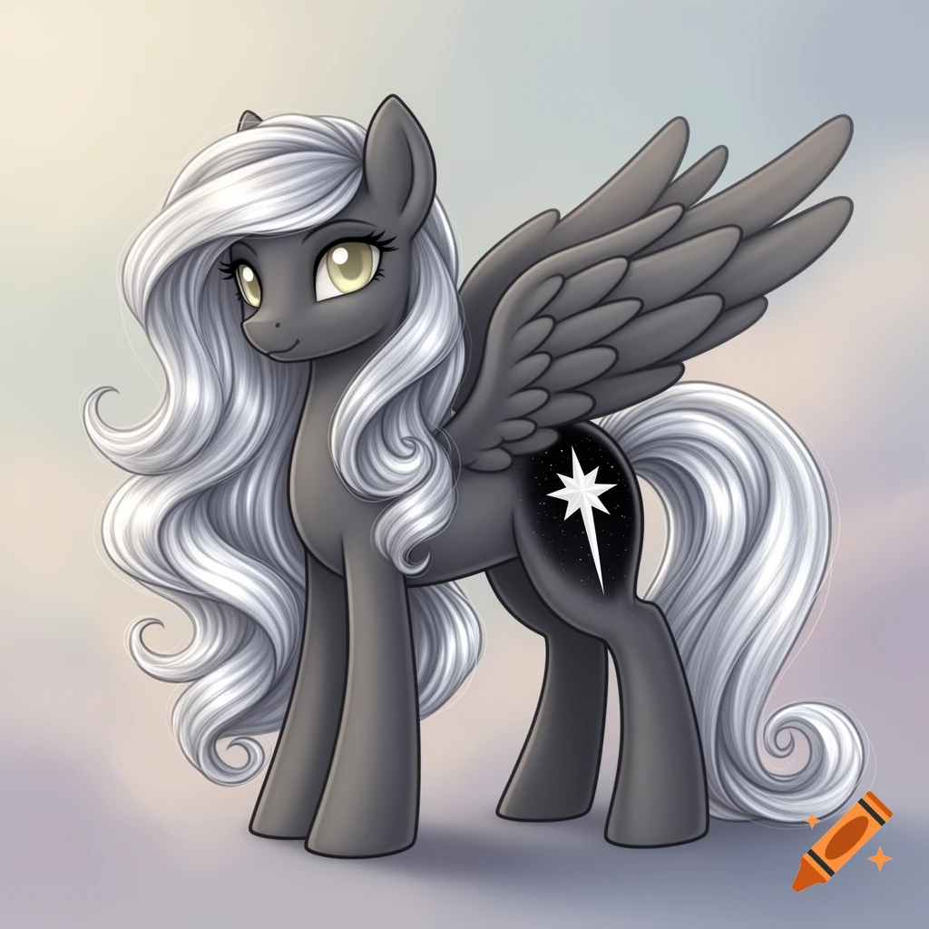 A dark gray My Little Pony pegasus with long, flowing silver mane and tail, and a white pointed star cutie mark on a starry background.