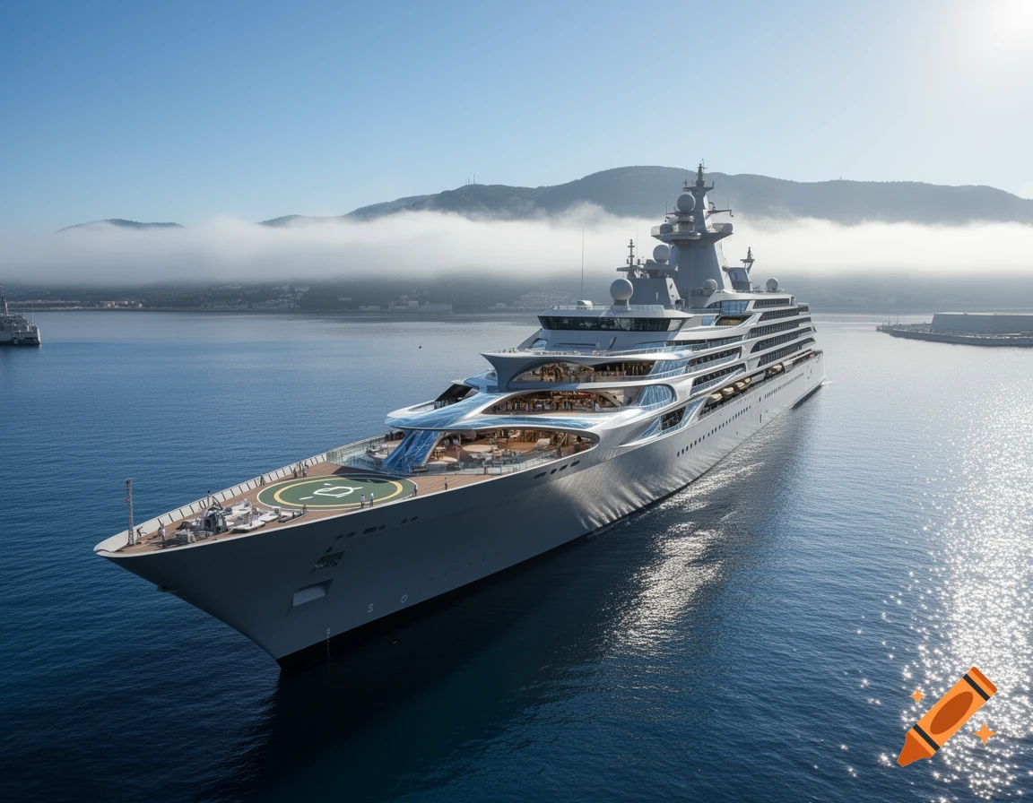 A modern, sleek grey cruise ship, designed like a frigate, glides on calm blue water past misty mountains.
