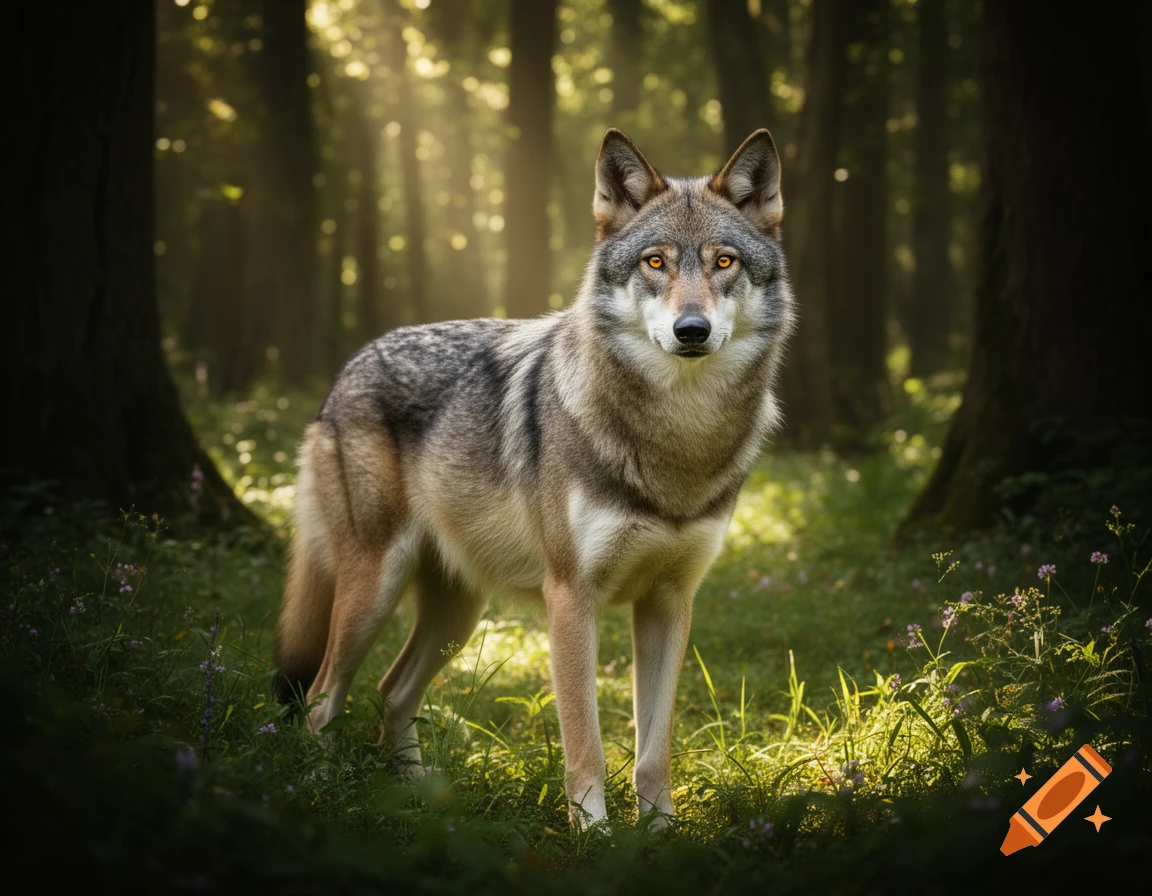 A photorealistic wolf with bright eyes stands in a sunlit forest with tall trees and green undergrowth.