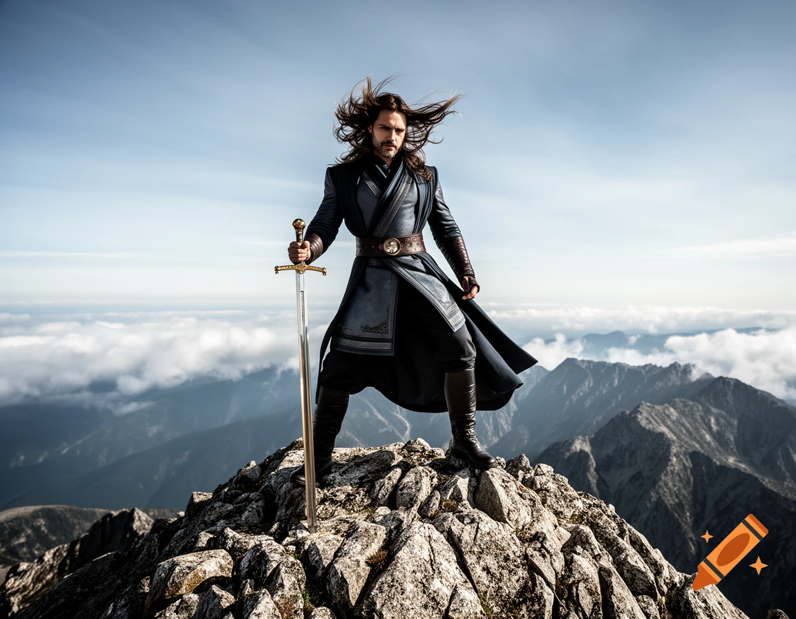 A man in a dark fantasy-style coat with flowing hair stands atop a rocky mountain, holding a large sword, with clouds in the distance. Photorealistic.