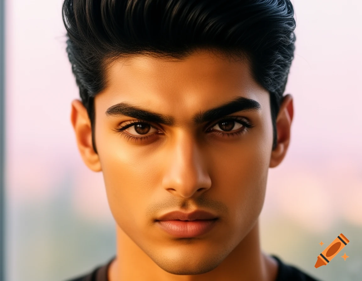 A photorealistic close-up portrait of a young man with dark hair and brown eyes, looking directly at the viewer.