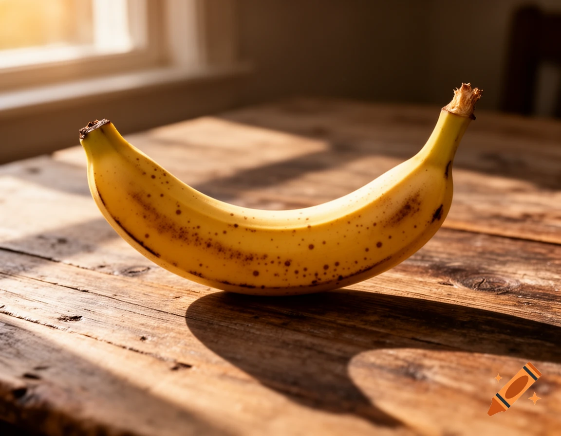 A single ripe banana with brown speckles rests on a rustic wooden table, illuminated by warm window light.