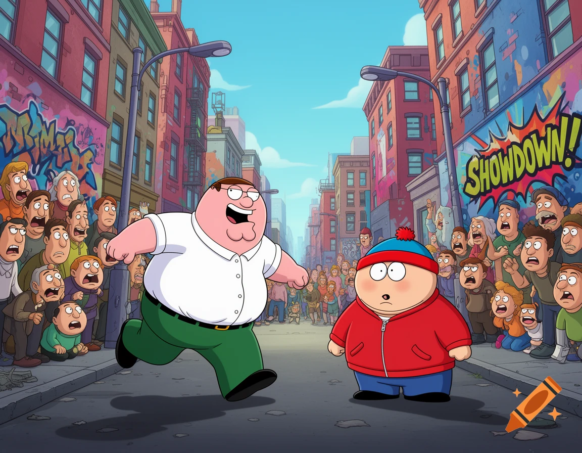 Cartoon Peter Griffin runs towards Eric Cartman in a busy city street, watched by a crowd.