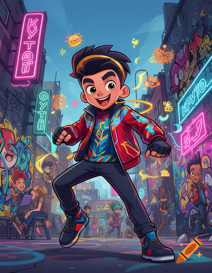 A smiling cartoon boy in a vibrant red jacket and dark pants strikes a pose on a neon-lit city street with graffiti-covered walls.