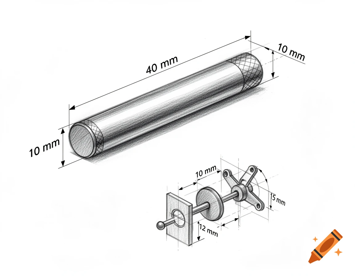 A technical pencil drawing of a 40mm long, 10mm diameter cylinder with dimensions, and a detailed assembly sketch below it.