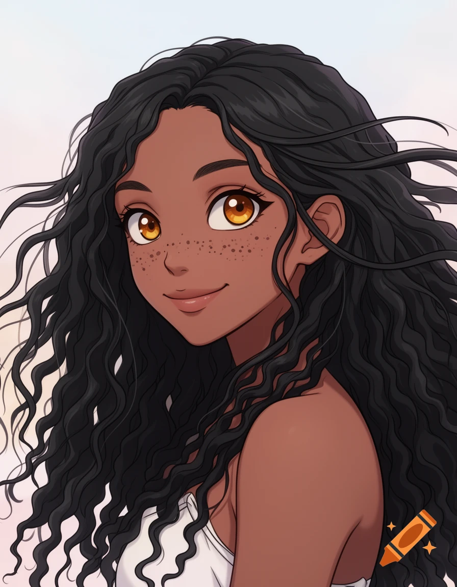 Anime-style portrait of a dark-skinned girl with long curly black hair and freckles, smiling.