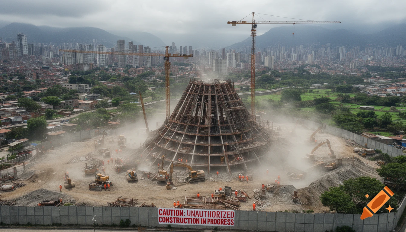 A wide shot of a massive cone-shaped structure under construction with cranes, surrounded by excavators, workers, and dust in a cityscape.
