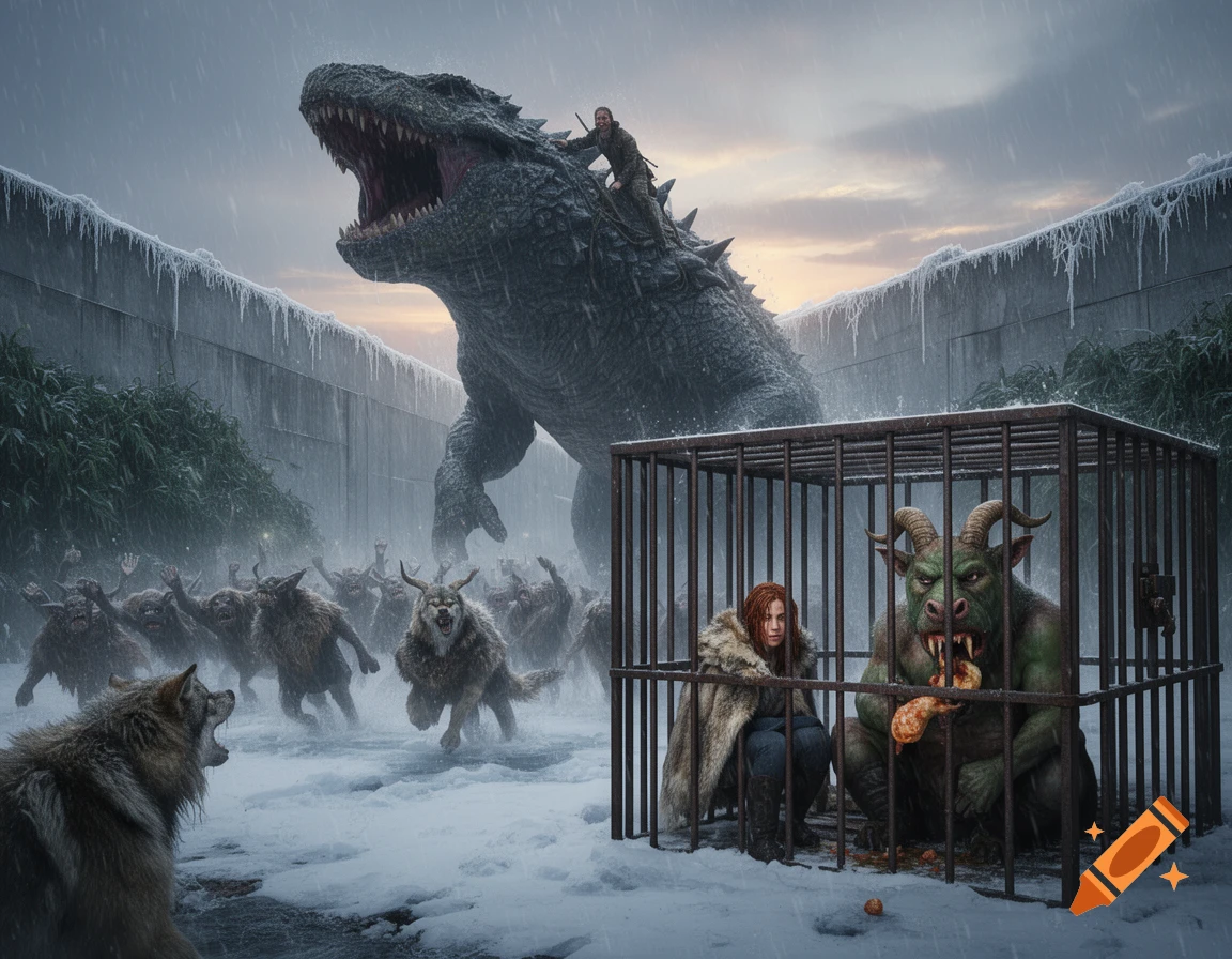 A giant reptilian creature with a rider leads a horde of monsters and wolves in a snowy attack, as a woman and horned beast are caged.