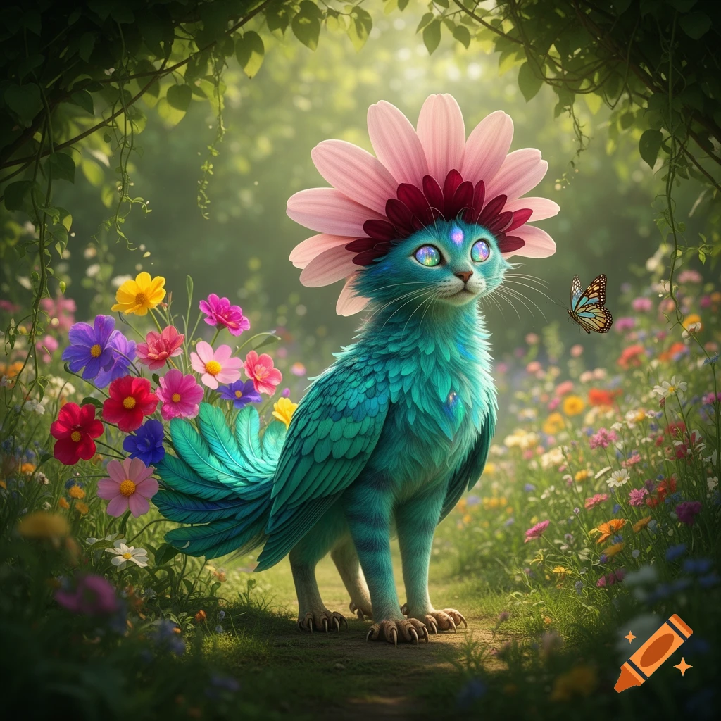 A whimsical teal cat-bird creature with a large pink flower as its head and tail, observing a butterfly in a vibrant garden.