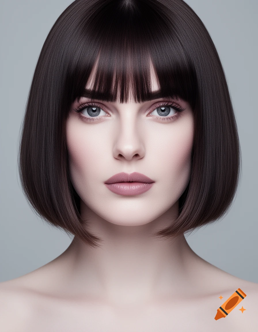 A photorealistic, high-fashion portrait of a woman with dark brown bob hair and fringe bangs, looking directly at the viewer.