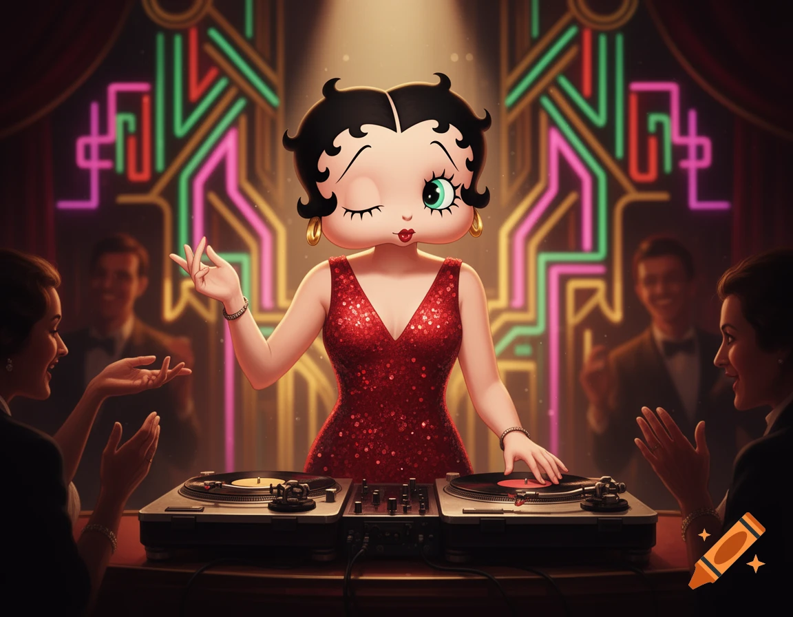 Betty Boop in a red glittery dress winks as she DJs in an art deco nightclub with neon lights, interacting with applauding patrons.