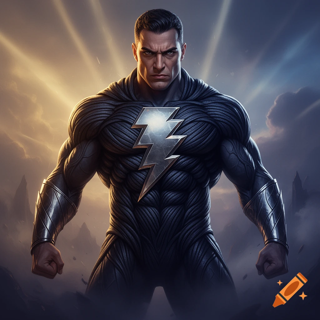 Black Adam in a powerful, hyper-realistic digital illustration, facing the camera amidst dramatic lighting and mist.