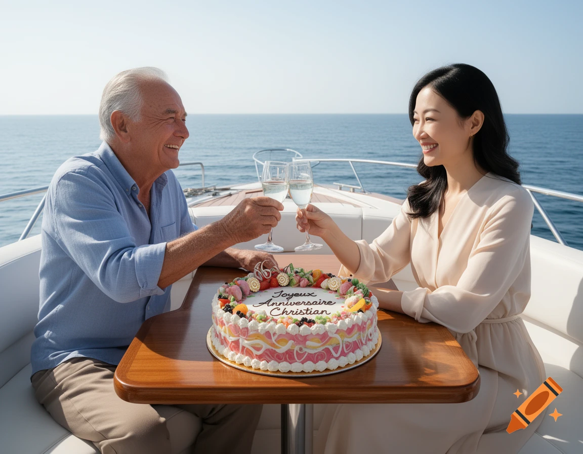 A smiling older man and a woman toast with champagne on a boat, a birthday cake reading "Joyeux Anniversaire Christian" on the table.
