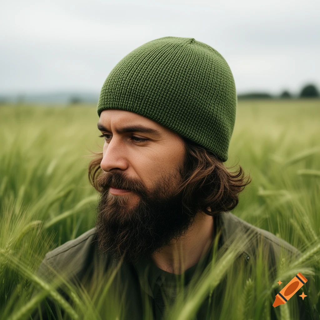 A man with a beard and a green beanie hat stands in a lush green field of crops, looking contemplative.