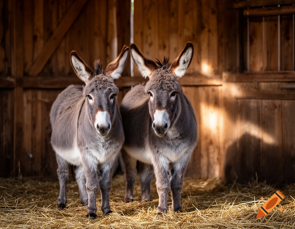 Two donkeys with grey fur and white muzzles stand side-by-side in a rustic wooden barn filled with hay, looking at the camera, photorealistic.
