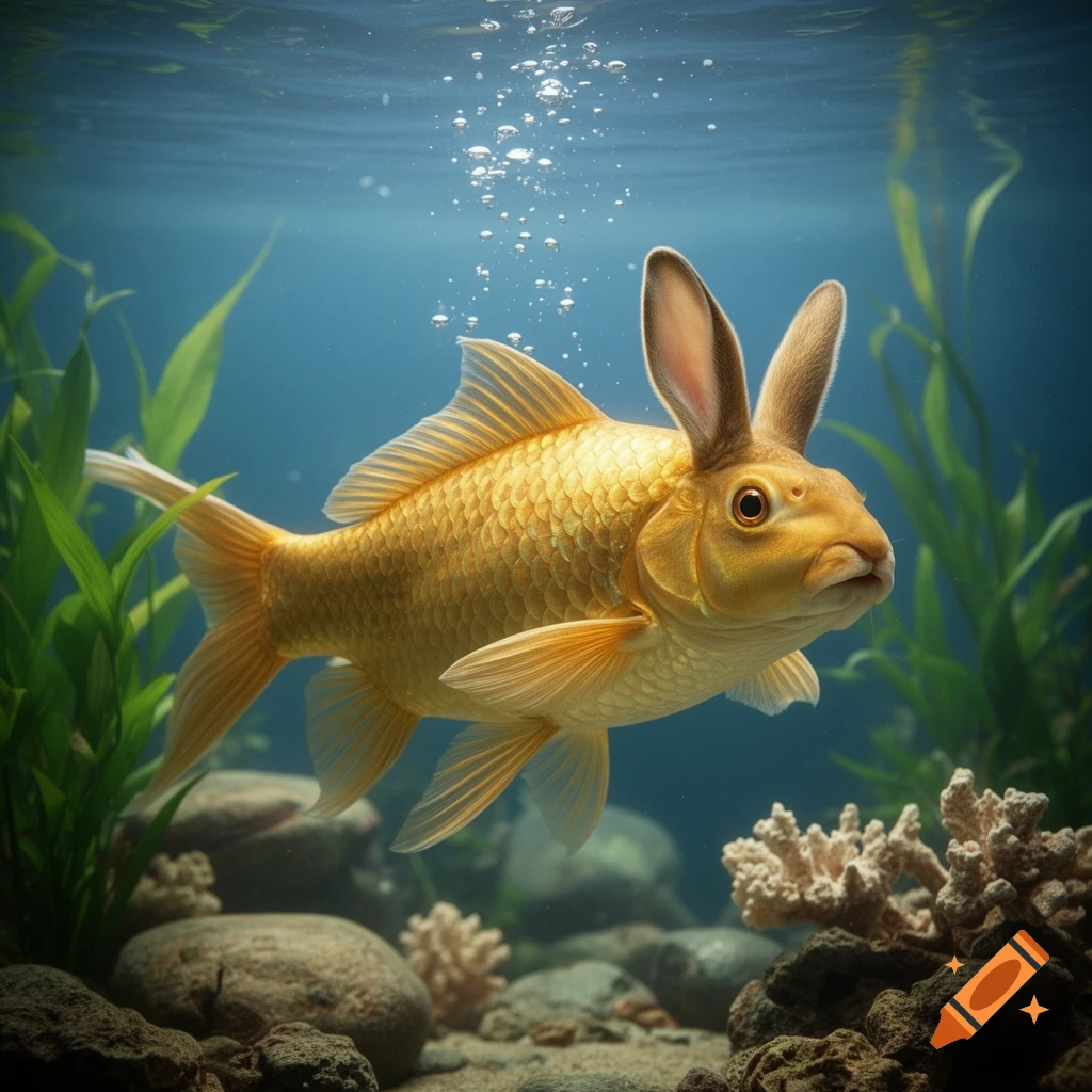 A golden goldfish with rabbit ears swims underwater among green plants and rocks, with bubbles rising.