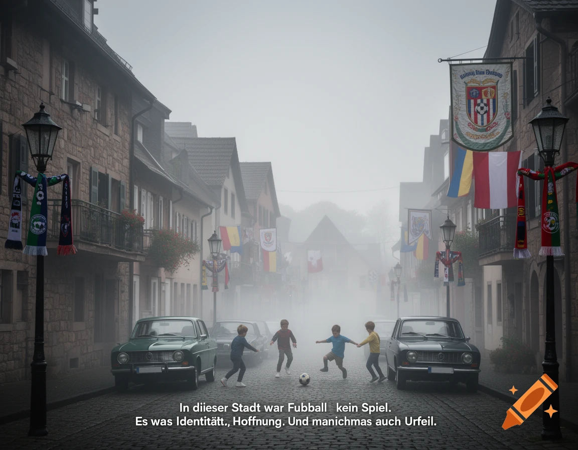 Children play soccer between vintage cars on a cobblestone street in a misty German town, adorned with banners and scarves.