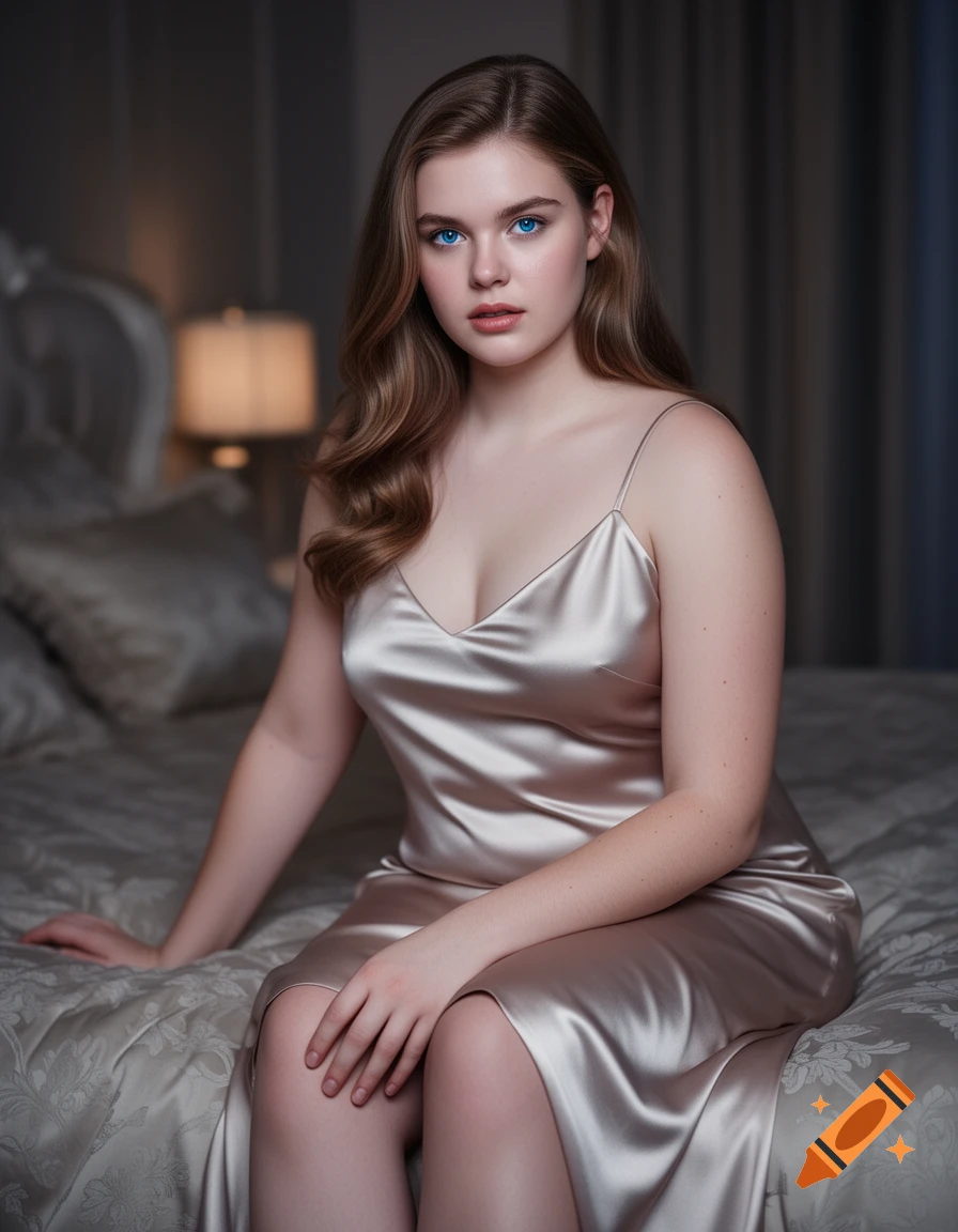 Photorealistic portrait of a young woman with blue eyes and long hair, wearing a satin slip dress, sitting on a luxury bed at night.