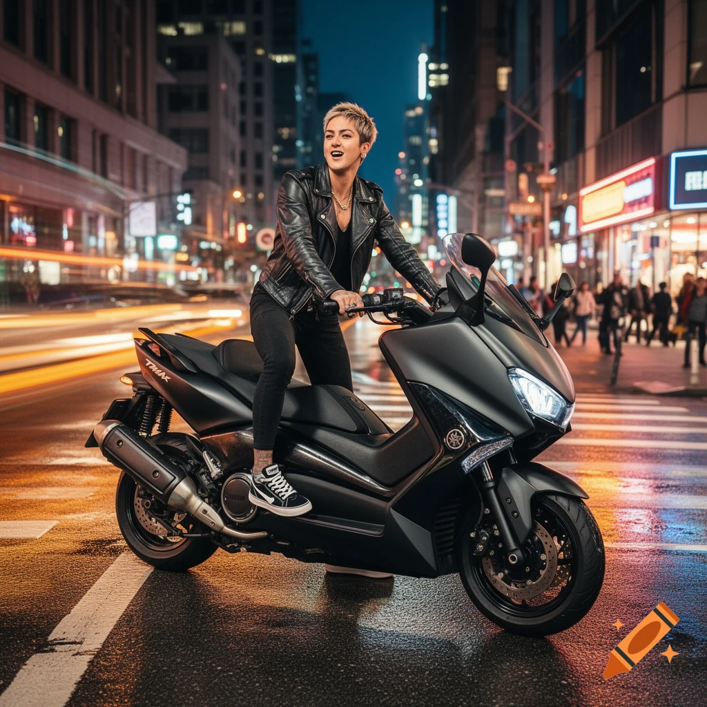 A woman in a leather jacket on a black scooter on a wet city street at night, with blurred light trails in the background.