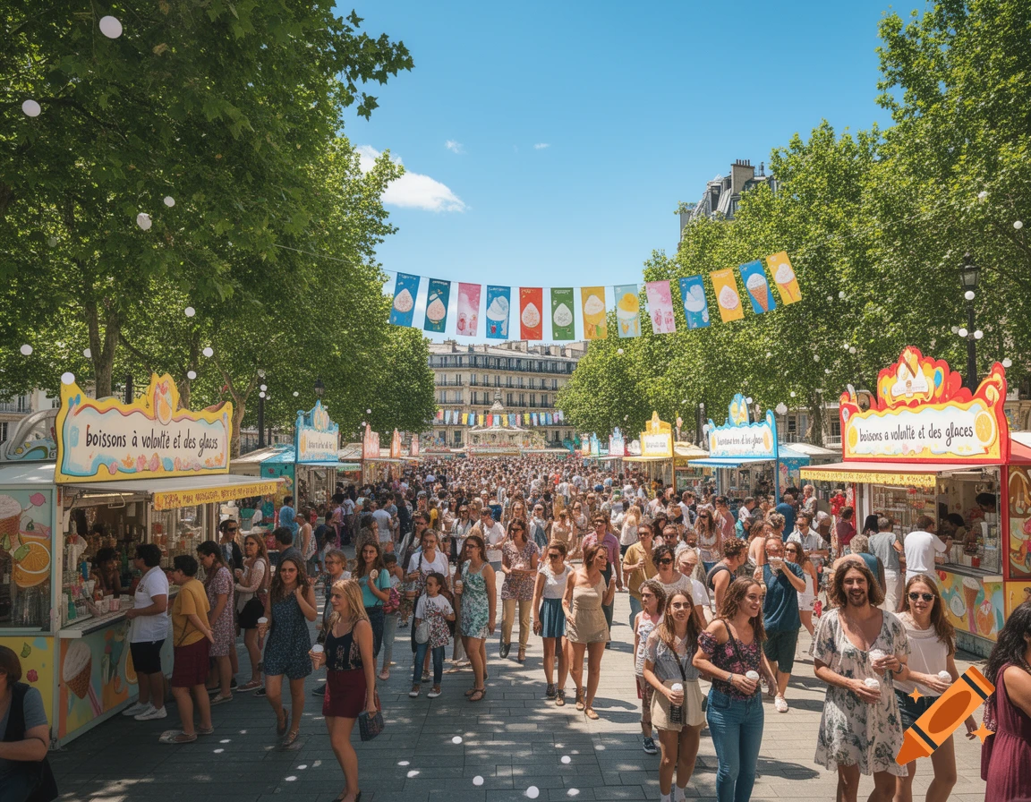 A vibrant street festival with a large crowd, food stalls offering drinks and ice cream, and banners under green trees.