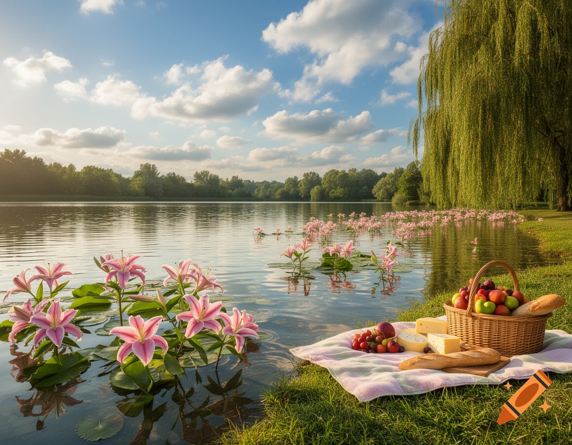A serene lake scene with pink lilies floating on the water near a grassy bank where a picnic basket with fruit, cheese, and bread is laid out on a blanket under a willow tree.