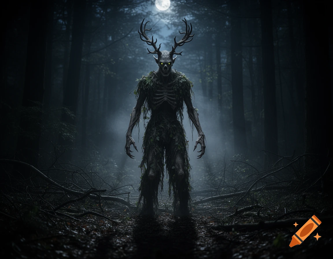 A dark, skeletal creature with antlers and glowing eyes stands in a misty forest under a full moon.
