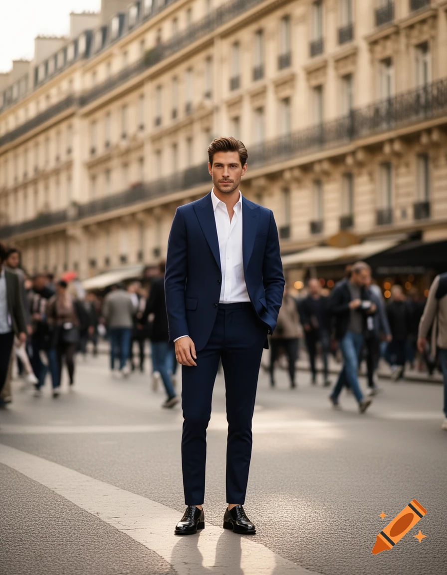 A dapper man in a navy suit stands on a busy street with Parisian-style buildings. Photorealistic.