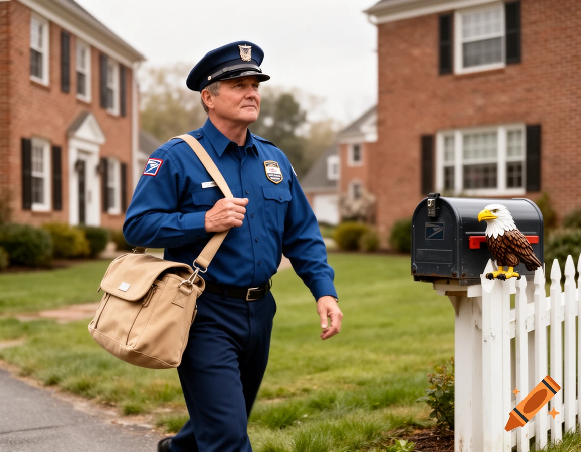 A smiling mailman in a blue uniform and hat walks on a sidewalk with a tan messenger bag, past a mailbox with an eagle statue, in a suburban neighborhood.