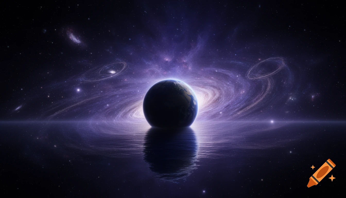 A dark planet rises from a reflective water surface against a swirling purple galaxy and starry cosmic background.