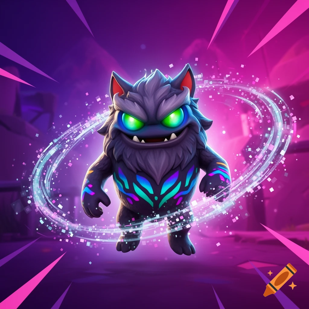 A stylized, dark furry monster with glowing green eyes, sharp teeth, and colorful patterns, encircled by swirling digital light on a purple background.
