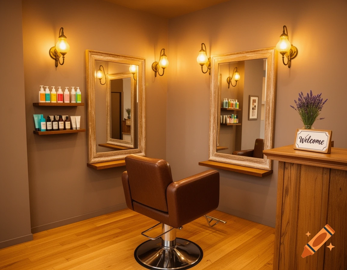 A cozy hair salon interior with a brown styling chair, two large mirrors, shelves with products, and a 'Welcome' sign on a wooden counter.