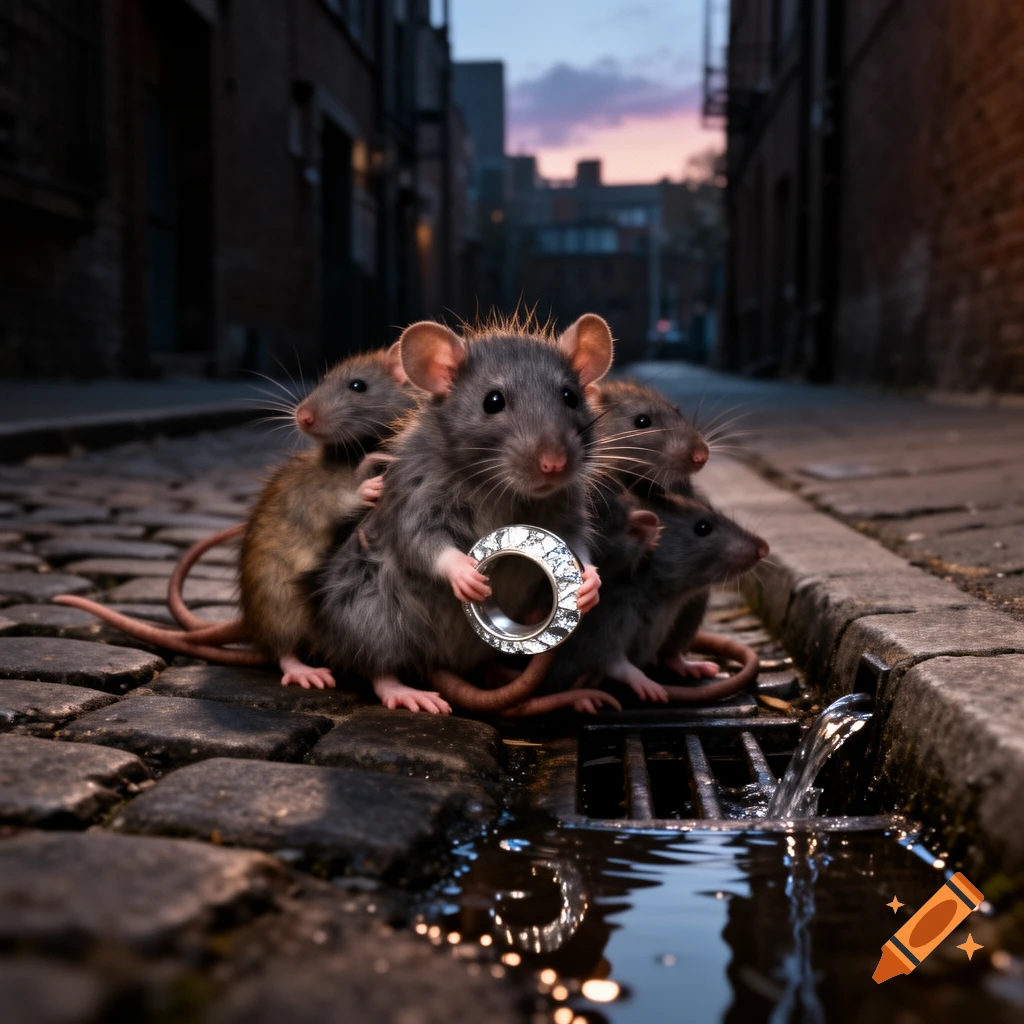 Several photorealistic rats in a dark cobblestone alley, one holding a silver ring, with water flowing into a grate.